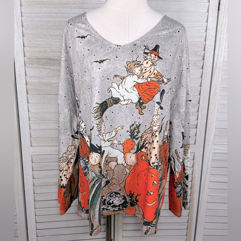 Boho Halloween/Witches V Neck Long Sleeve Tee Gray/Multi-1XL